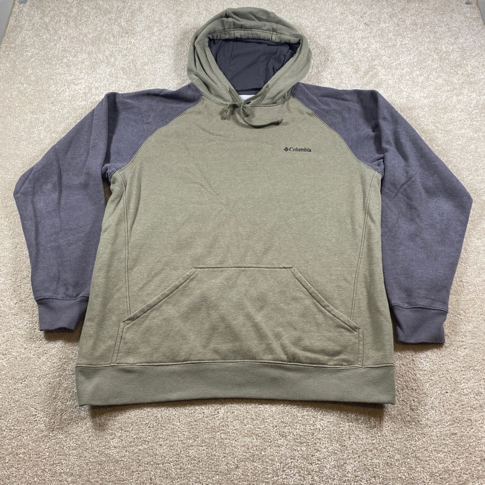 Columbia Hoodie Mens Large Green Grey Raglan Sleeve Fleece Pullover AM6770